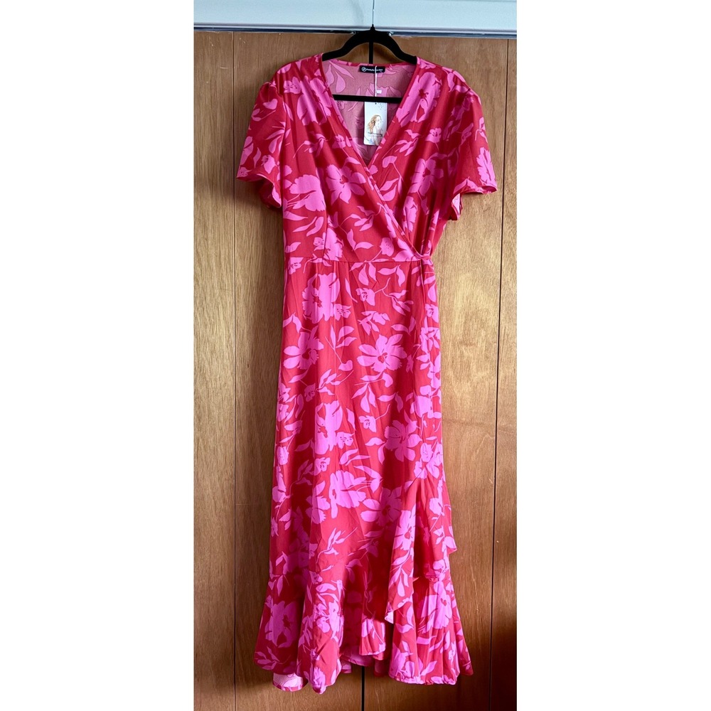 NWT PrettyGarden Chic XL Floral Wrap Maxi Dress Ruffle Short Sleeve Derby Barbie - Picture 3 of 14